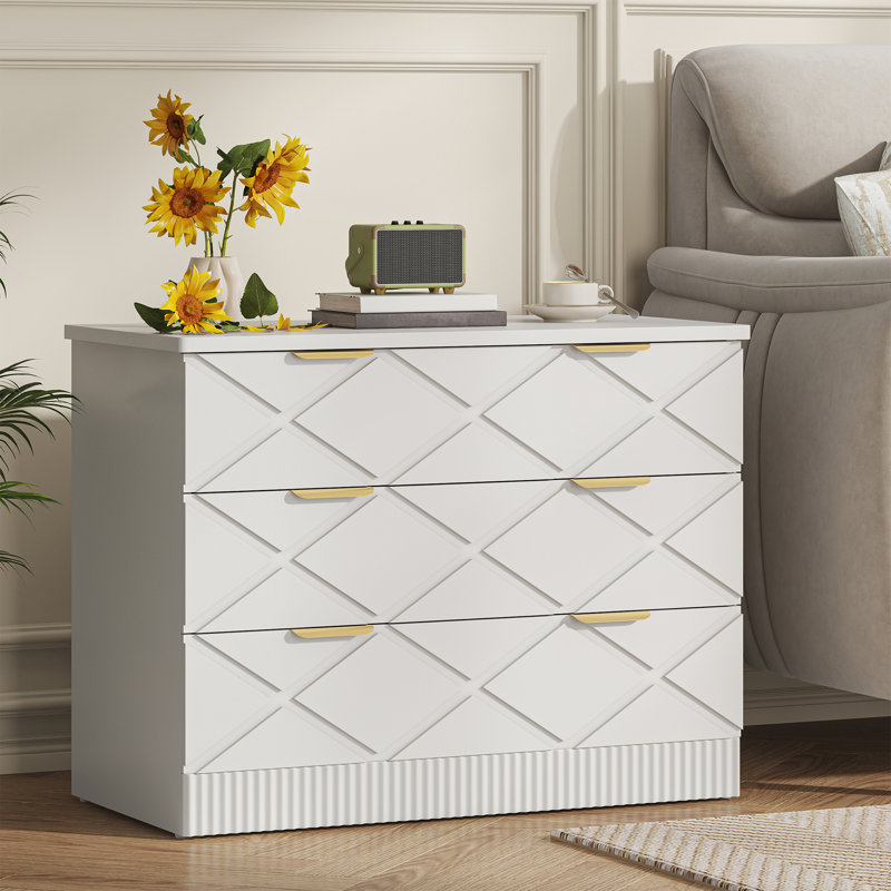 Large Modern Nightstand, 32" Wide Side Table With 3 Storage Drawers, White Night Stand With Carved Diamond Design, Bedside End Table For Bedroom, Living Room, Closet