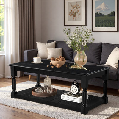 45.3''Farmhouse Wooden Coffee Table with Open Lower Shelf and Classic Turned Legs
