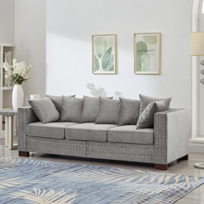 Velours à 3 places en gris, style moderne, accoudoir carré avec clous argentés, structure en bois massif, coussin à ressorts ensachés, housse amovible et repose-pieds gris avec rangement