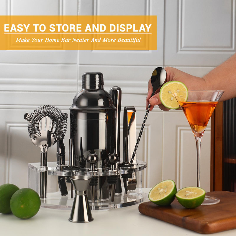 Ensemble de mélangeur à cocktail Bartender, ensemble de cocktail en acier inoxydable avec accessoires de bar de 12 pièces, ensemble de mélangeur de boissons 25 oz avec ensemble de mélangeur à boissons et support à cocktail (noir)