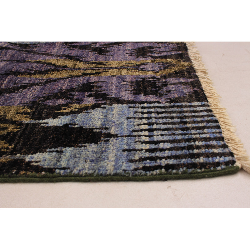 Tapis de couloir unique en laine noué à la main style Shalimar noir et violet 4 pi x 16 pi 3 po années 2010 Céline
