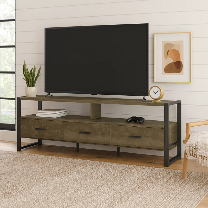 Tv Stand, 72 Inch, Media Entertainment Center, Storage Drawers, Dark Bronze Laminate, Black Metal, Contemporary, Modern, Gray