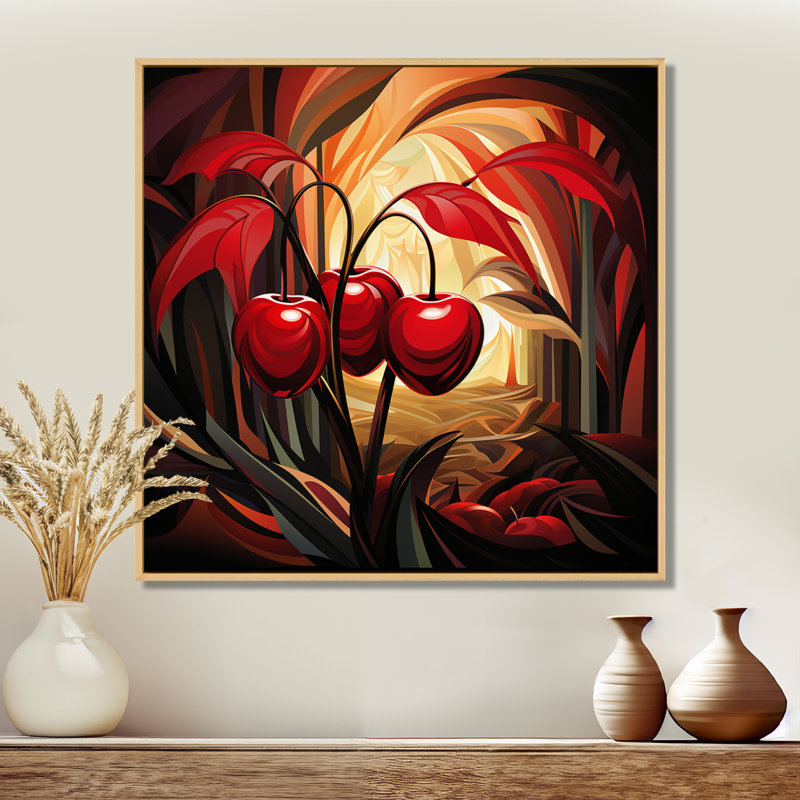 Summer Cherries Cubic Design II - Cherry Wall Art, Brown Floater Framed, 30" H x 30" W
