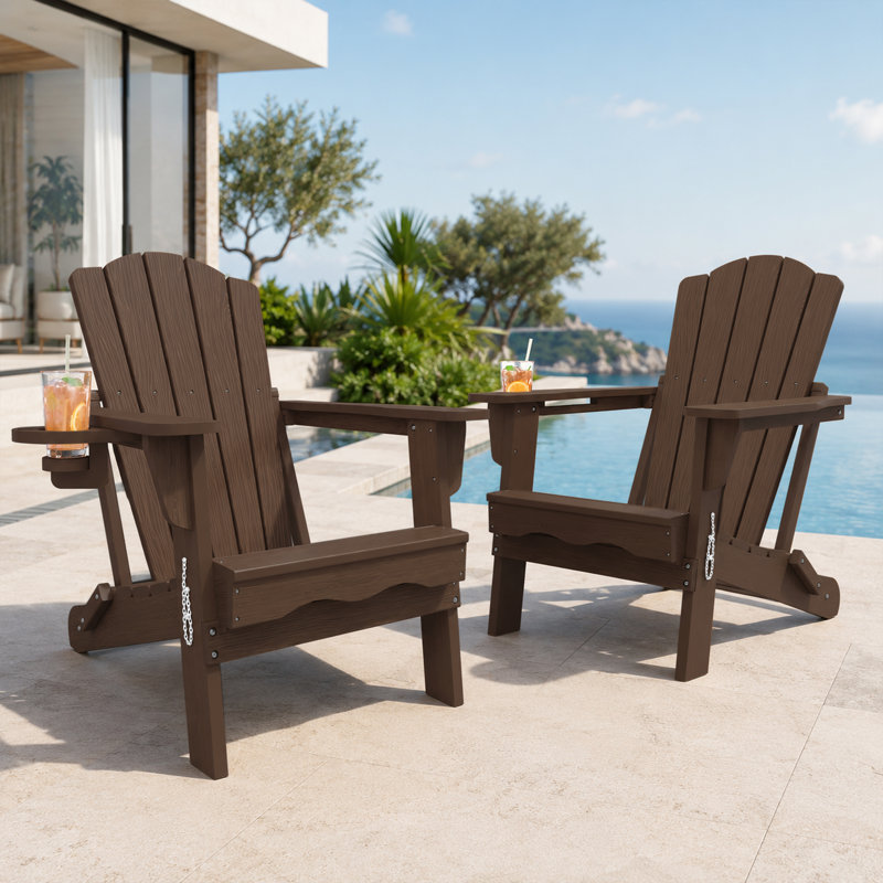 Brown All-Weather HDPE Plastic Folding Adirondack Chair with Cup Holder for Patio & Garden (Set of 2), Brown, 2