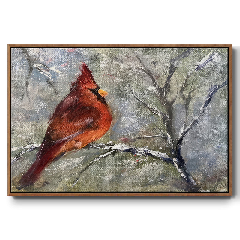 «Cardinal in Snow II», toile tendue avec châssis, H 25 po x l 37 po x P 1,5 po, Cadre flottant noyer