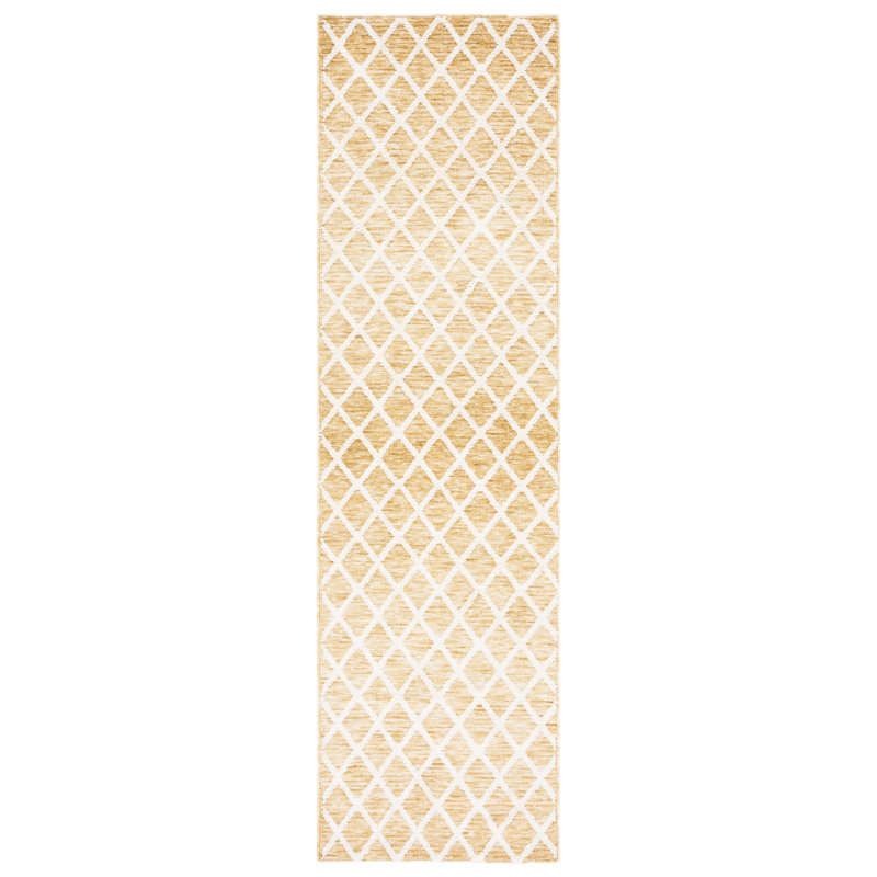 Tapis géométrique doré / ivoire Amaj, Tapis de couloir 2 pi 3 po x 8 pi