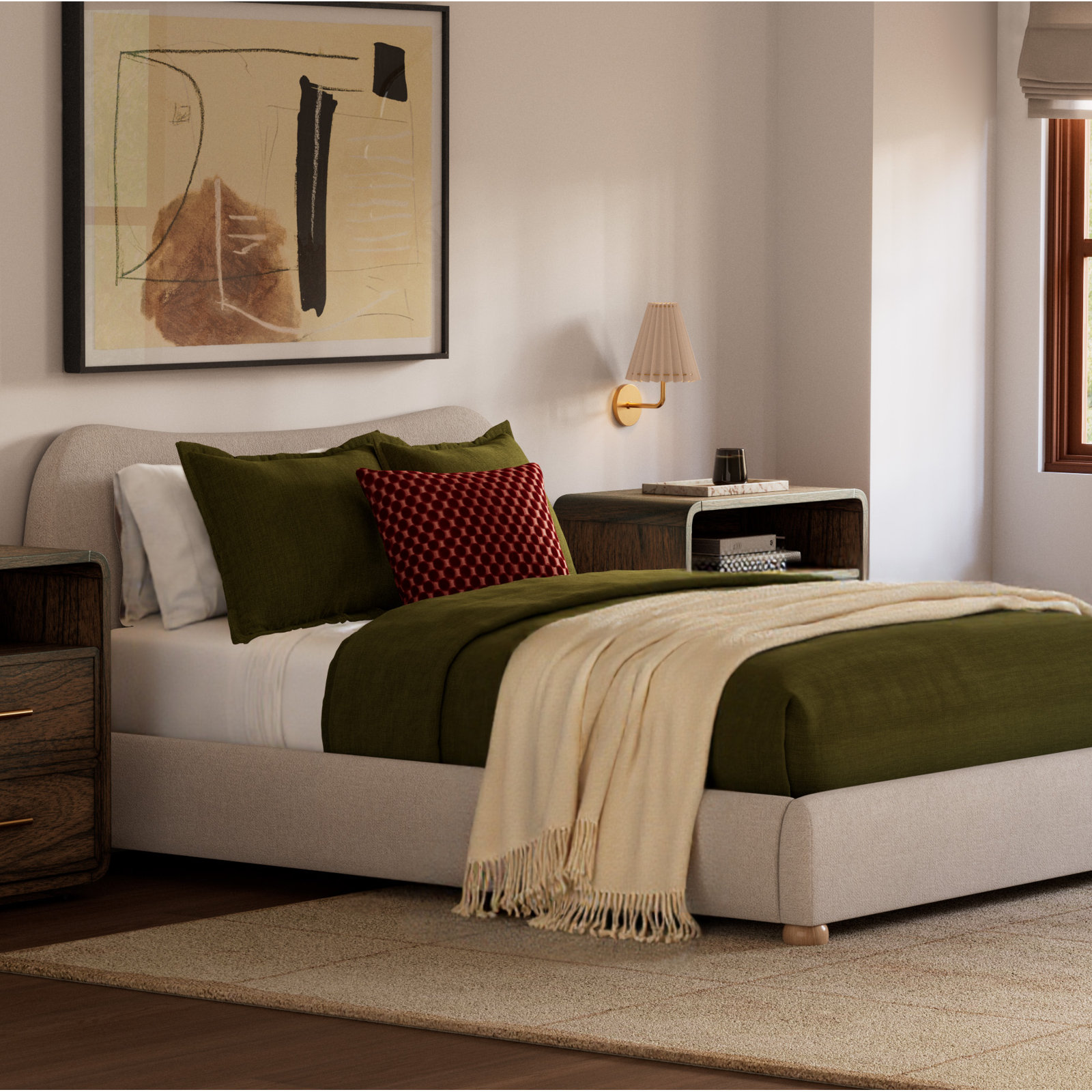 Nena Linen Duvet Cover Set, King Duvet Cover + 2 King Shams, Olive Green