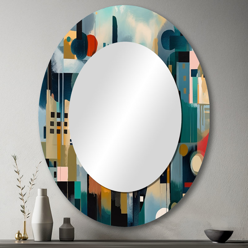 Green Abstracted Scenic Views II - Grand miroir mural ovale sur métal, 43 po x 33 po