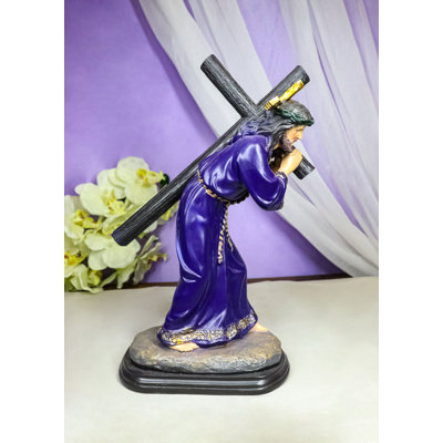 Via Dolorosa Jesus Christ in Purple Robe Carrying Cross Calvary Figurine 12" H