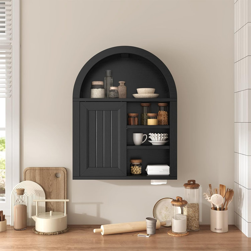 Arched Bathroom Wall Cabinet, Over The Toilet Cabinet With Sliding Door And Adjustable Shelf, Wall Mounted Cabinet, Black