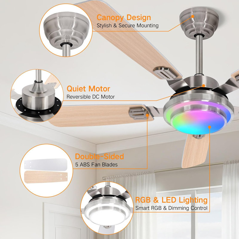 52" Ceiling Fan With Light, Remote & APP Control, Low Profile RGB Ceiling Fans Light, Reversible, 6 Speeds, 3000-6500K Stepless Dimming, Modern Ceiling Fan For Bedroom Indoor/Outdoor Use Wood