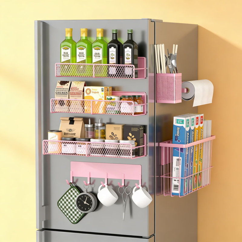 Étagère à épices magnétique pour réfrigérateur, ensemble de rangement de cuisine en métal 7 pièces avec porte-serviettes en papier, porte-ustensiles, support à crochets et porte-planche à découper, fixation solide sans perceuse