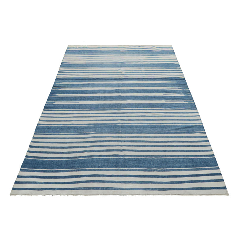 Rug & Kilim’S Contemporary Dhurrie Rug With Blue And Off-White Geometric Stripes