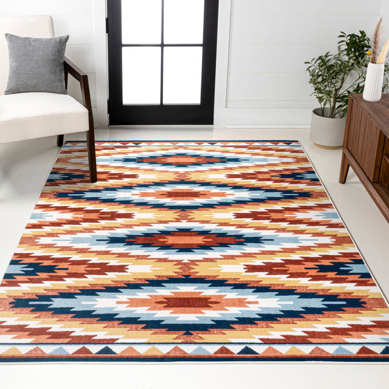 Haoyun Diamond Kilim Geometric Yellow/Red/Blue Rug, Rectangle 7'9" x 10'