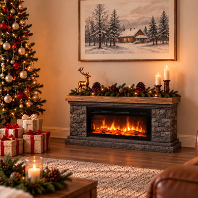 42 inch Millwood Pines Terrafab Indoor Electric Fireplace with Remote Control and Timer,TV Stand Fireplace ,Faux Stone Gray