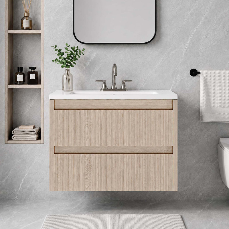Meuble-lavabo suspendu de 61 cm (24 po), armoire cannelée avec 2 tiroirs à fermeture amortie, lavabo en céramique blanche, robinetterie à 3 trous de 10 cm (4 po)