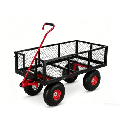 Chariot de jardin en acier robuste de 500 lb, chariot en métal à 4 roues avec côtés en filet amovibles convertibles en plateau, poignée rotative et pneus tout-terrain pour la plage de jardin