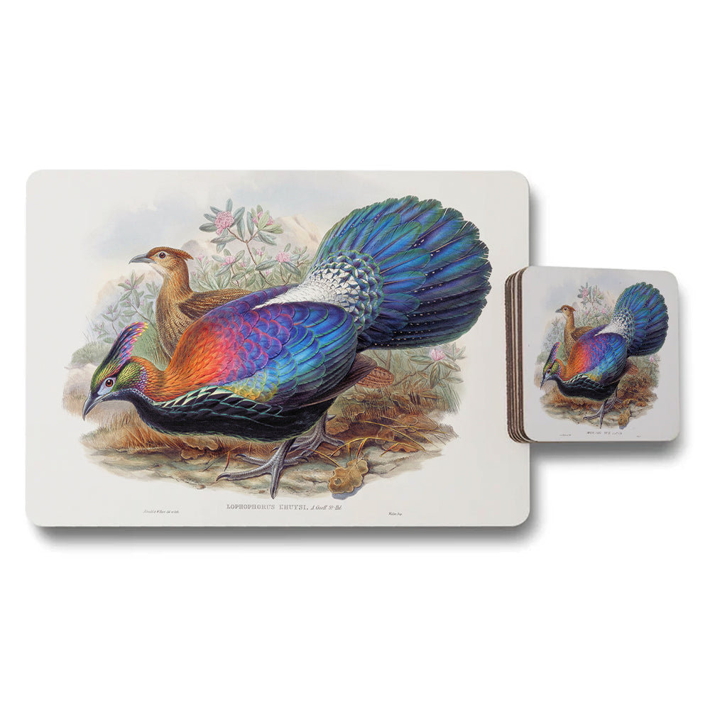 Vintage Pheasant Placemats And Coaster Set With Colorful Bird Illustration