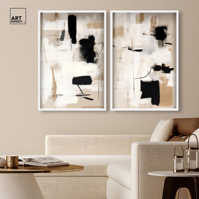 Abstract Wall Art Set Shadowbox Print Gold Boho Wall Decor Set by Art Remedy, White Frame, 24 x 36