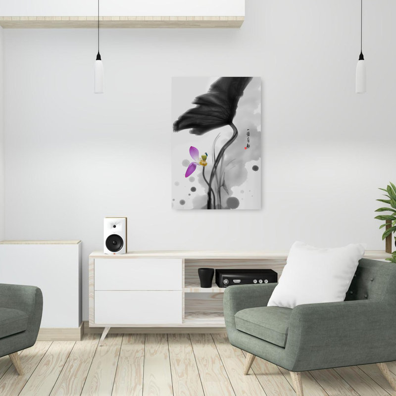 Pink Lotus Bird Delicate Elegant Minimalist Bird Lotus Flower Nature Wall Art Print 1 Piece Wrapped Canvas Wall Art