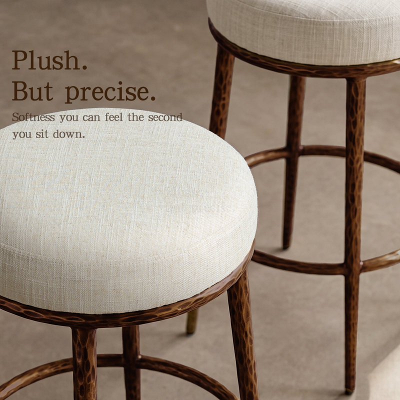 26.5" Modern Glam Backless Counter Height Bar Stool With Hand-Hammered Metal Legs And Linen-Blend Upholstered Seat, Set Of 3