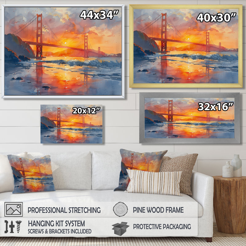 Art mural jaune jaune rouge Golden Gate, Toile avec cadre flottant brun, H 30 po x l 40 po x P 1,5 po