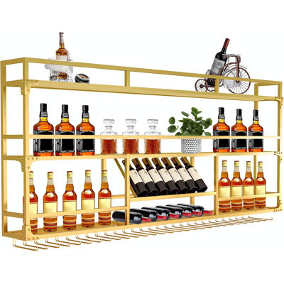 39In Wall Mounted Wine Rack With LED Lights, Floating Industrial Liquor Glass Holder 3 Tiers, Large Metal Wine Bottle Display Rack Hanging Shelf, For Home Bar Dining Room Decorative