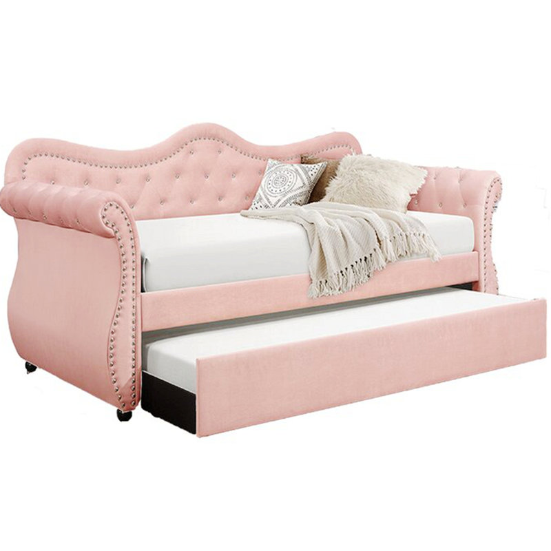 Lit de jour rembourré en bois massif avec couchette Upper Shockerwick, Rose, Lit simple
