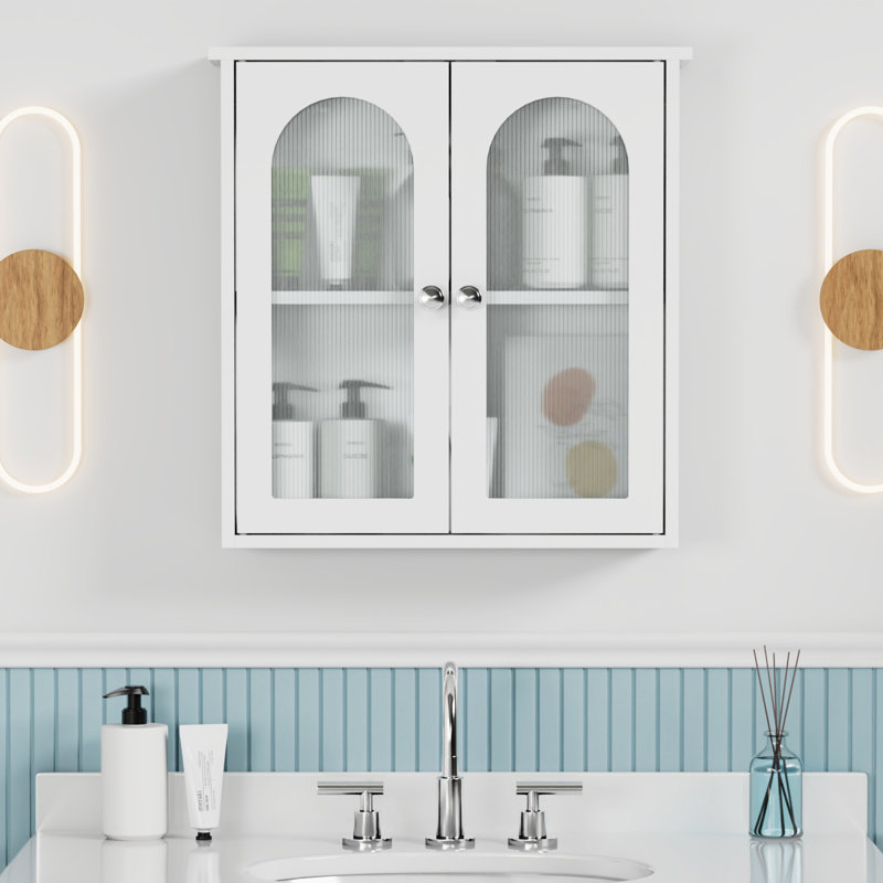 22" H 23'' W Wall Mounted Medicine Cabinet 2 Shelves, Translucent Double-Door Medicine Cabinet, White