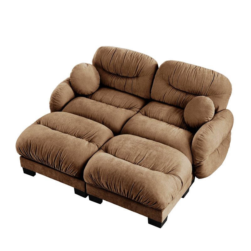 Canapé modulaire 2 places avec accoudoirs courbés, deux repose-pieds et coussins décoratifs ronds, Brun