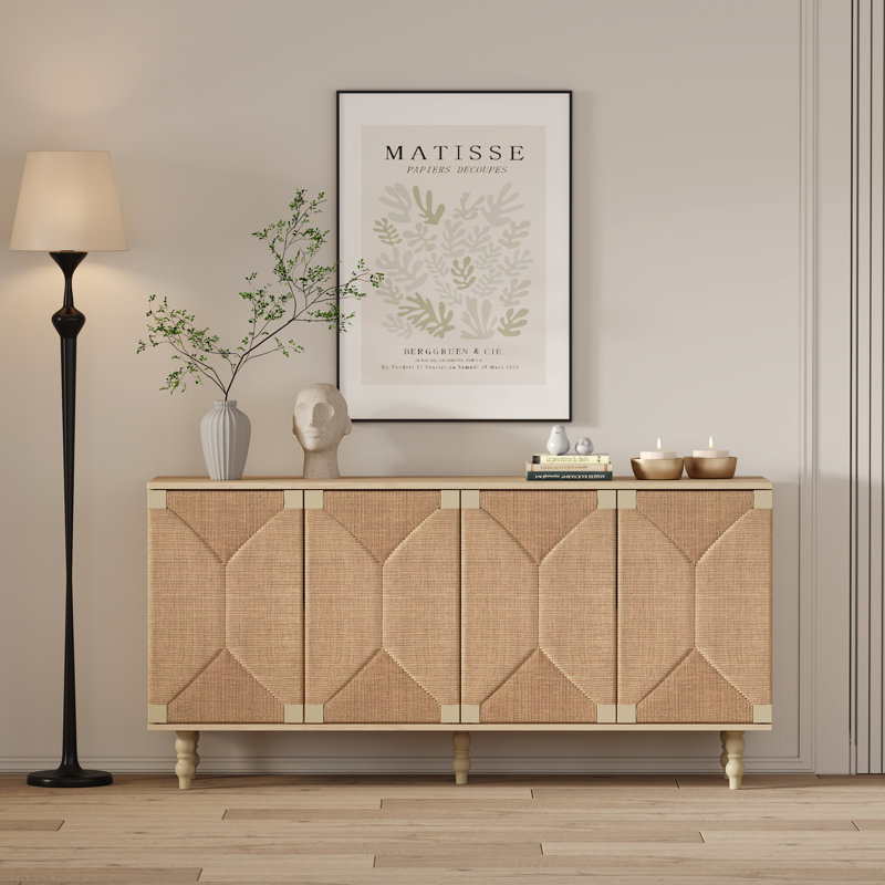 Buffet en bois massif et MDF, style rustique naturel, portes en rotin tressé et jonc de mer, 150 cm (L) x 75 cm (H), 1 pièce, meuble télé avec rangement, 4 compartiments.