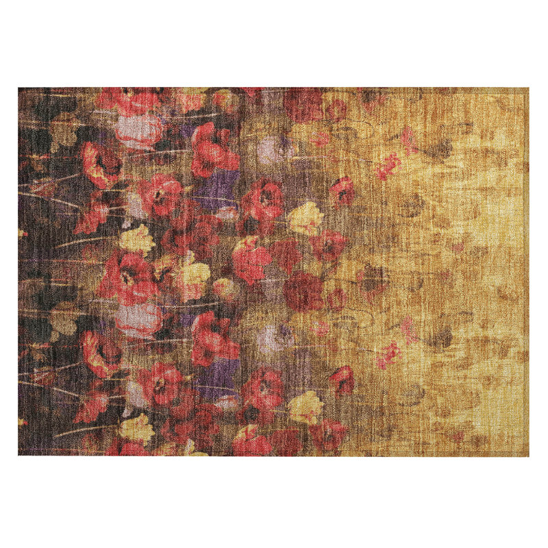 Gold Floral Rectangular Machine Washable Synthetic Rug 1'8" x 2'6"