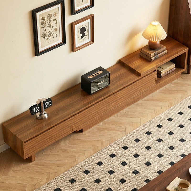Meuble télé 78,74 pouces pour téléviseur 85 pouces avec console multimédia moderne en noyer et 3 tiroirs, Brun