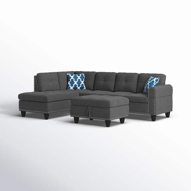 Alger Left-Hand Facing Sectional with Ottoman, Dark Gray Linen Blend