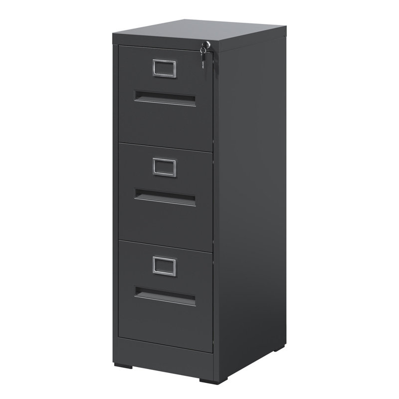3-drawer Vertical Metal File Cabinet With Lock, Narrow Legal/letter & A4 Size Filing Cabinet For Office And Home Use, Black