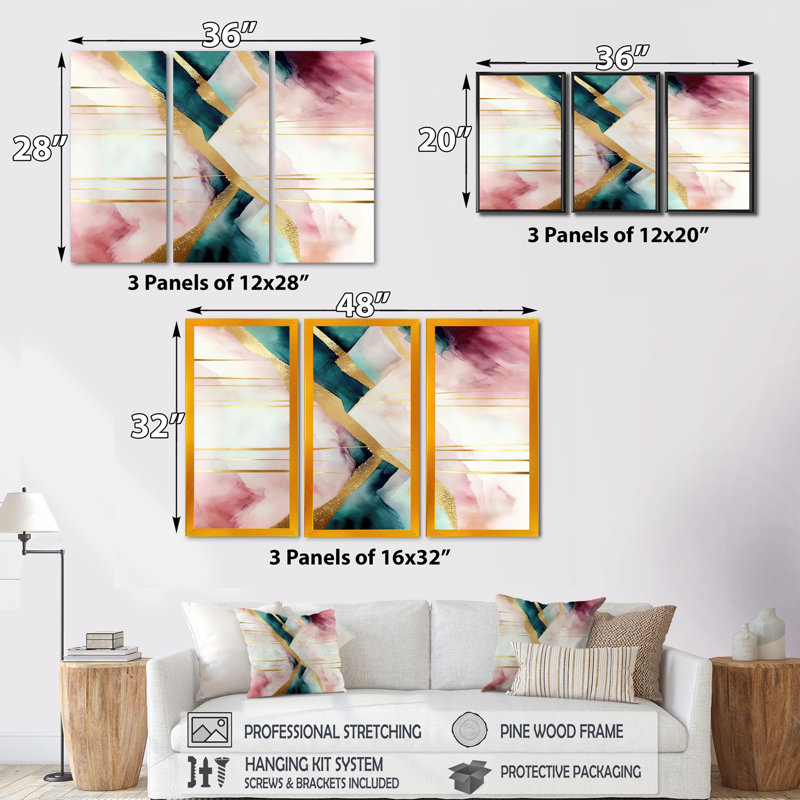 Abstrait géométrique géométrique rose et vert II - 3 pièces sur toile, H 28 po x l 36 po x P 1 po, Cadre flottant blanc