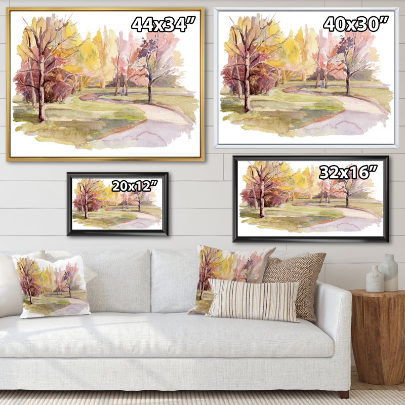 «Park Road with Autumn Trees», reproduction sur toile, H 16 po x l 32 po, Cadre flottant doré