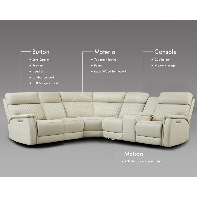 Emlin 6-Piece, 2 Power Recliners Leather Reclining Sectional, Power Headrest & Lumbar, Cream Genuine Leather, Power - Dial