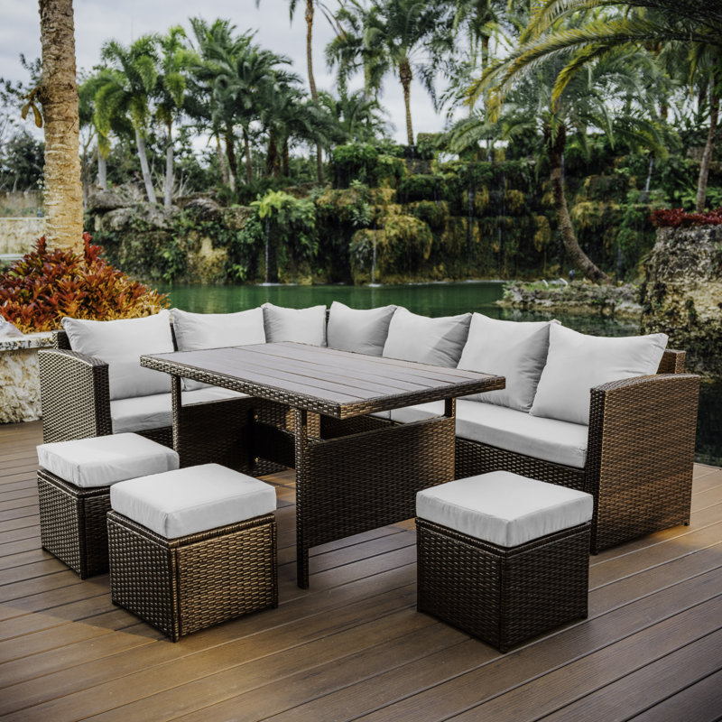Brown Wicker 7-Piece Outdoor Dining Set with Off-White Cushions