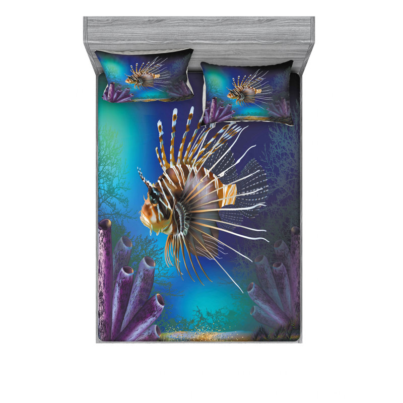 Ensemble de draps Underwater World Exotic Bubble Fish and Plants, Ensemble de draps pour lit double avec un drap-hou