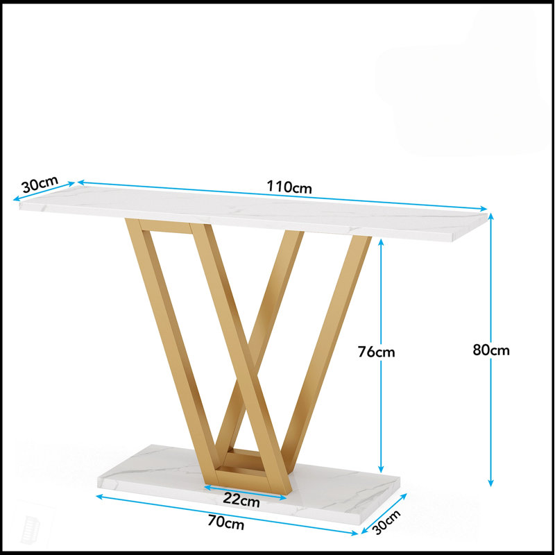 43” Modern Gold Console Table With Faux Marble Top, Narrow Entryway Table With V-Leg Metal Frame, Slim Sofa Table For Hallway, Living Room Or Foyer