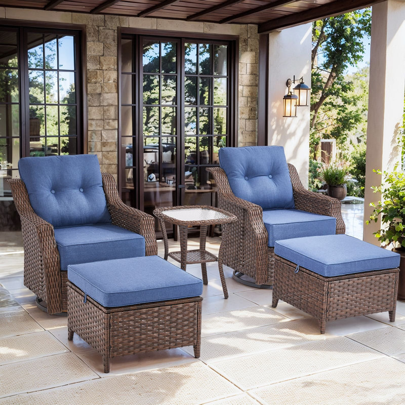 Elona 5 Piece Outdoor Wicker Swivel Glide Chair Set with Cushions, Blue