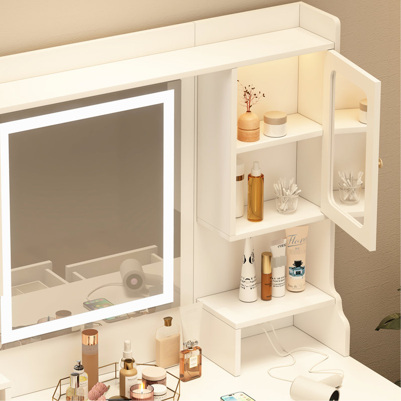Bureau de coiffeuse blanc américain avec grand miroir, 6 tiroirs et 3 lumières chaudes pour les tiroirs quotidiens
