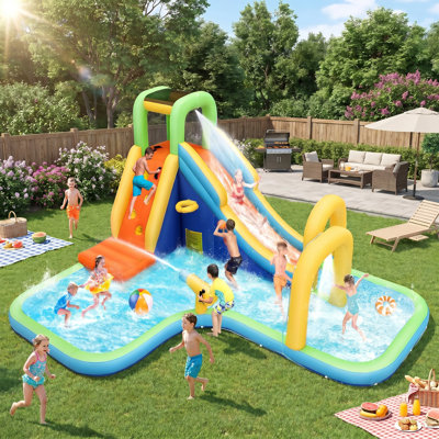 Parc gonflable de 14,1 pi x 11,1 pi avec toboggan gonflable avec ventilateur pour s'amuser dans la cour