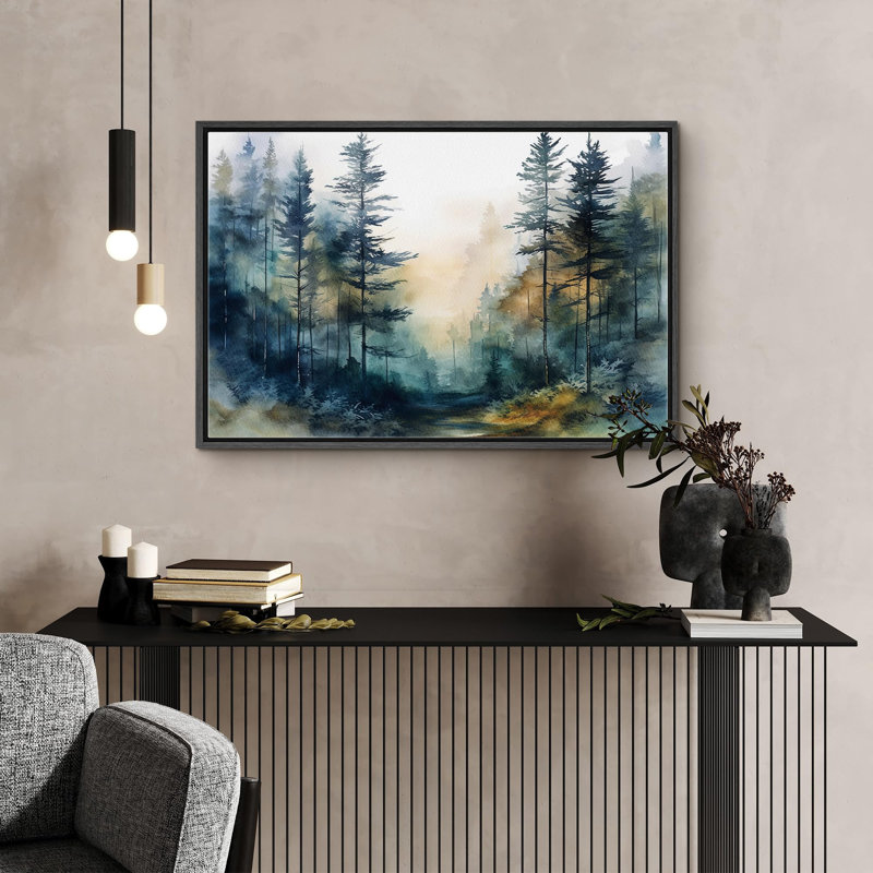 Paysage de forêt Woodland «Pine Tree Forest» sur, H 16 po x l 24 po, Cadre flottant noir