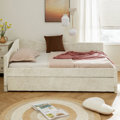 Lit de jour en chenille pleine grandeur avec lit gigogne escamotable et port USB, canapé-lit tapissier à garniture cloutée rétro, dossier rembourré à bord arrondi, mobilier de chambre de luxe, lit d'invité peu encombrant