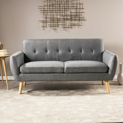 Compact en tissu gris foncé, avec un élégant tissu à boutons pour les petits espaces, la mode et les pieds