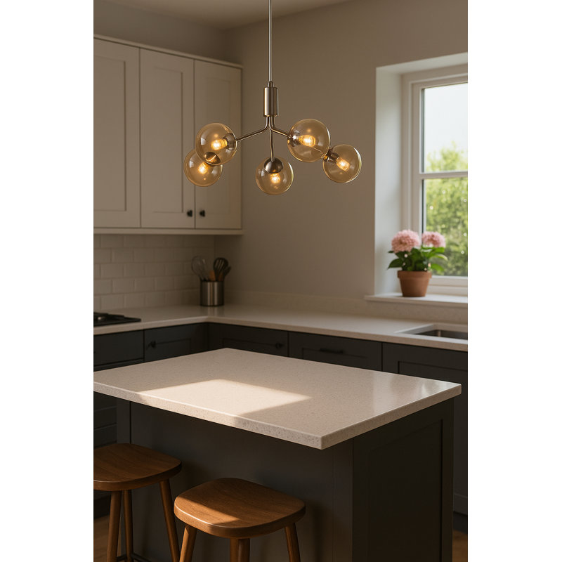 5 - Light Sputnik Chandelier, Opal White, Brushed Steel, Brushed Steel