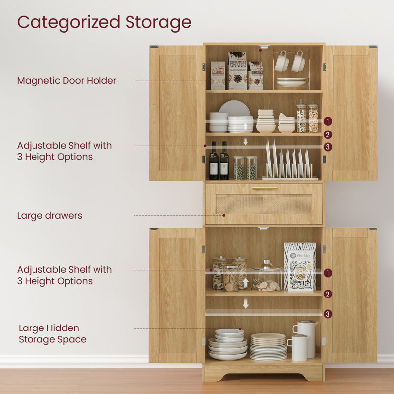 Jymari 67" Tall Kitchen Pantry Storage Cabinet,Bathroom Storage Cabinet with 1 Large Drawer & 2 Large Cabinets, Natural, Gold