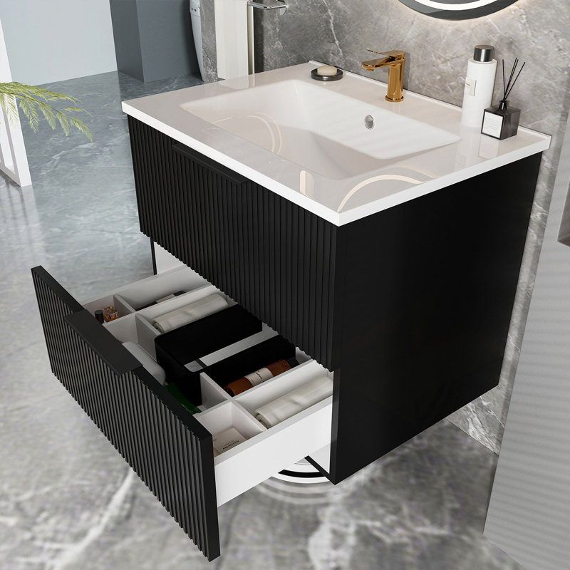 Meuble-lavabo 24 po avec lavabo en céramique - meuble-lavabo mural flottant mural avec tiroirs noir, moderne